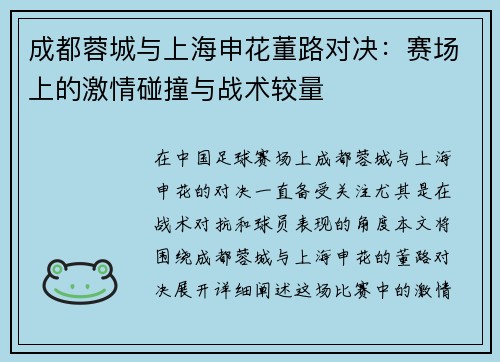 成都蓉城与上海申花董路对决：赛场上的激情碰撞与战术较量